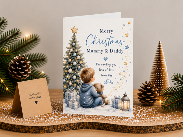Merry Christmas Mummy & Daddy Card – Boy and Teddy by Christmas Tree
