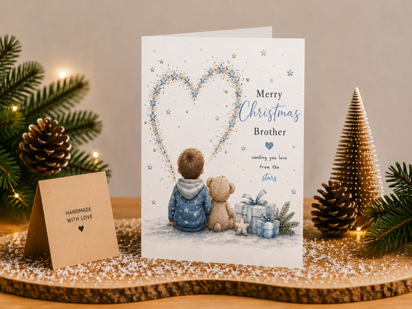 Merry Christmas Brother Card – Boy and Teddy beneath Heart of Stars