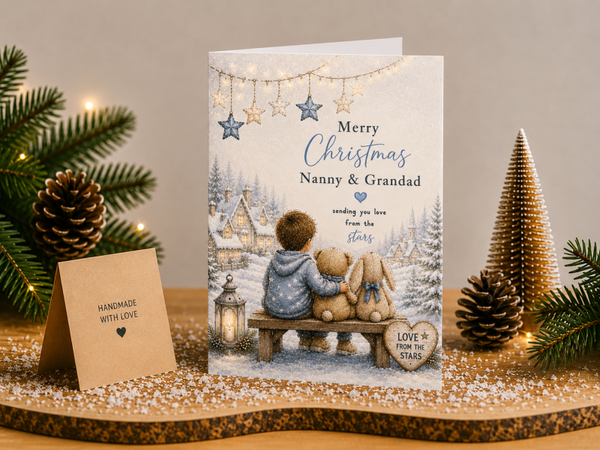 Merry Christmas Nanny & Grandad Card – Boy, Teddy and Bunny on Bench