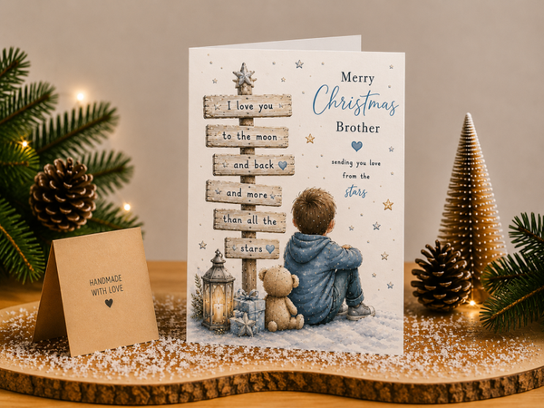 Merry Christmas Brother Card – Boy and Teddy by Moon Sign