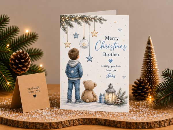 Merry Christmas Brother Card – Boy and Teddy beneath Decorations