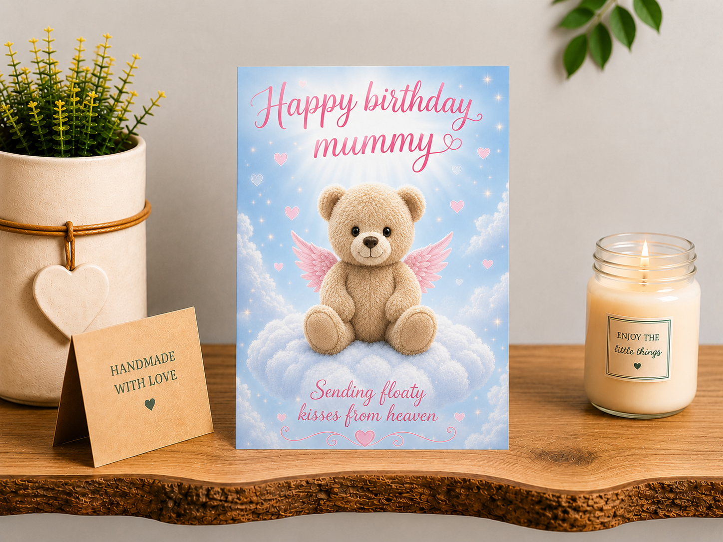 Birthday Card for Mummy – Teddy Sending Floaty Kisses from Heaven