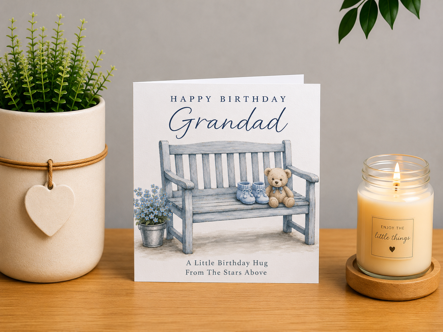 Heavenly Birthday Card for Grandad – Bench and Baby Boots