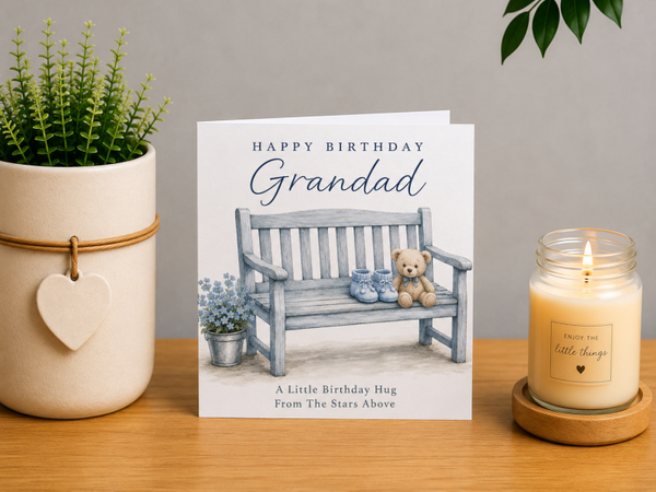Heavenly Birthday Card for Grandad – Bench and Baby Boots