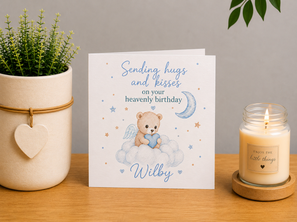Personalised Heavenly Birthday Card – Blue Teddy on a Cloud