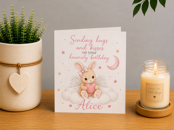Personalised Heavenly Birthday Card – Pink Bunny on a Cloud