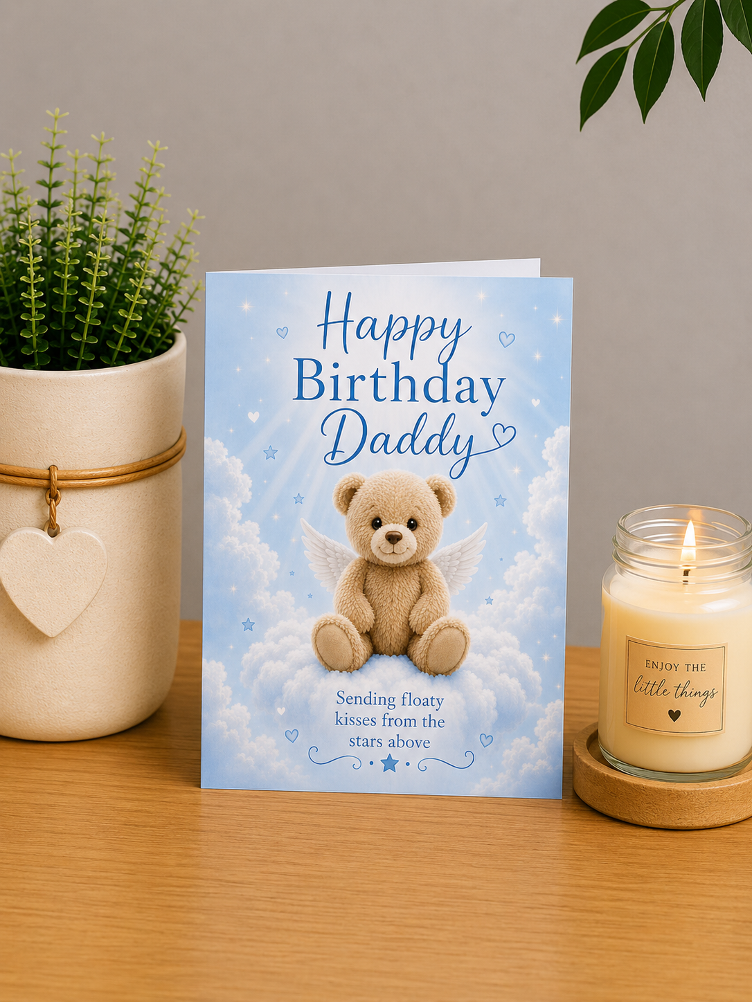 Birthday Card for Daddy – Teddy Sending Floaty Kisses from the Stars