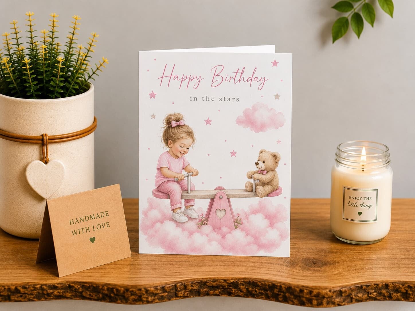 Personalised Heavenly Birthday Card for a Daughter | Girl & Teddy on Seesaw | Birthday in the Stars
