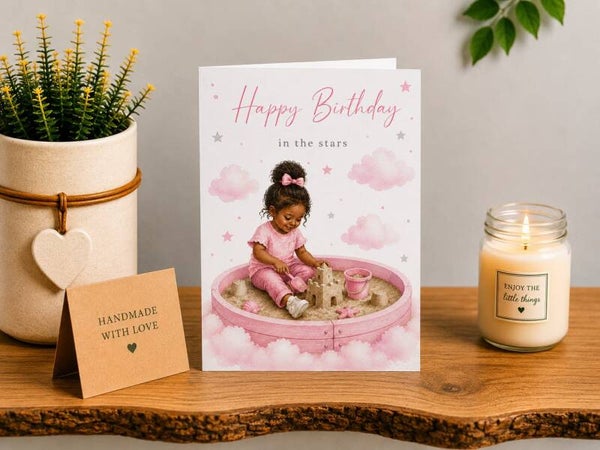 Personalised Heavenly Birthday Card for a Daughter | Girl Playing in Sandpit | Birthday in the Stars