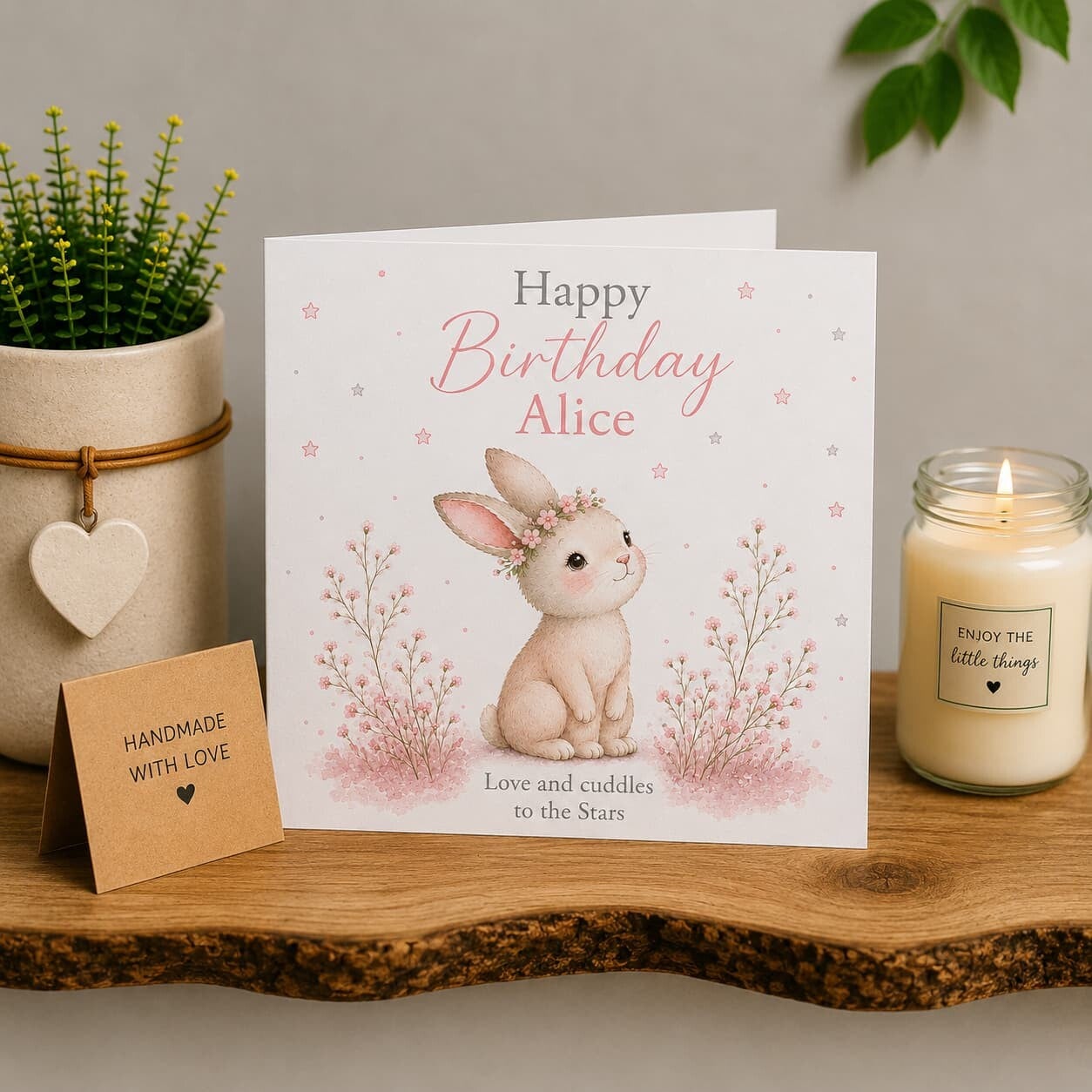 Personalised Heavenly Birthday Card for a Daughter | Floral Bunny | Square Remembrance Card