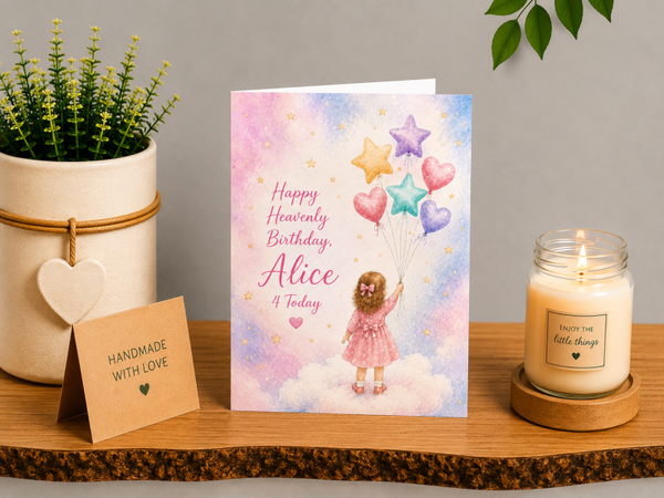 Personalised Heavenly Birthday Card for a Daughter | Girl with Balloons Memorial Card