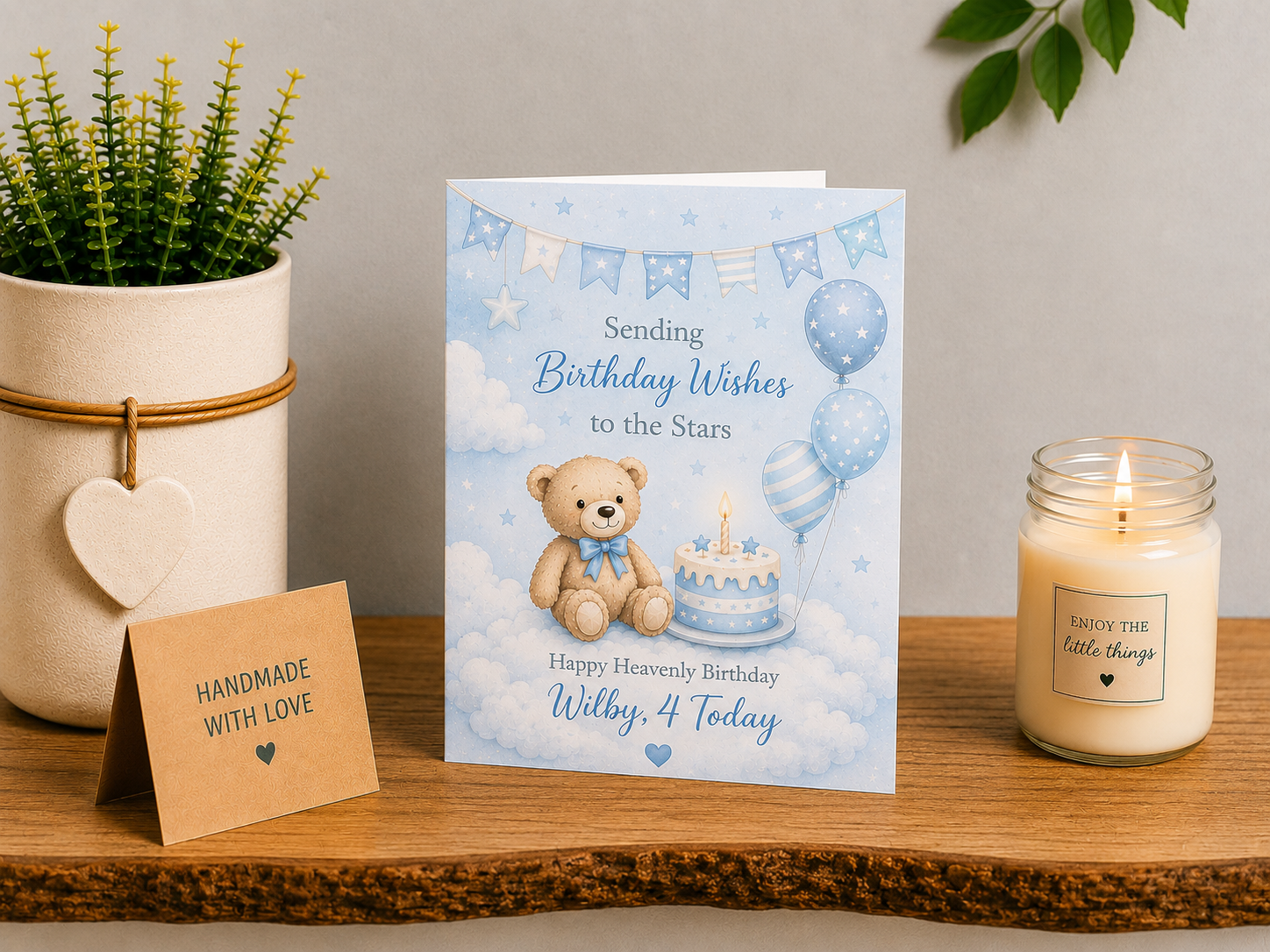 Personalised Heavenly Birthday Card – Teddy and Birthday Cake