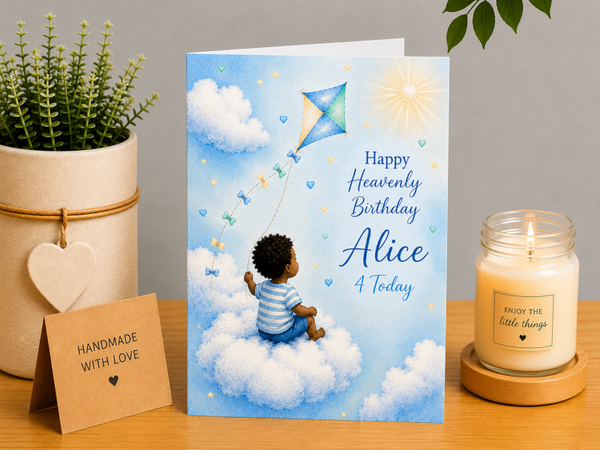Personalised Heavenly Birthday Card – Child with Blue Kite