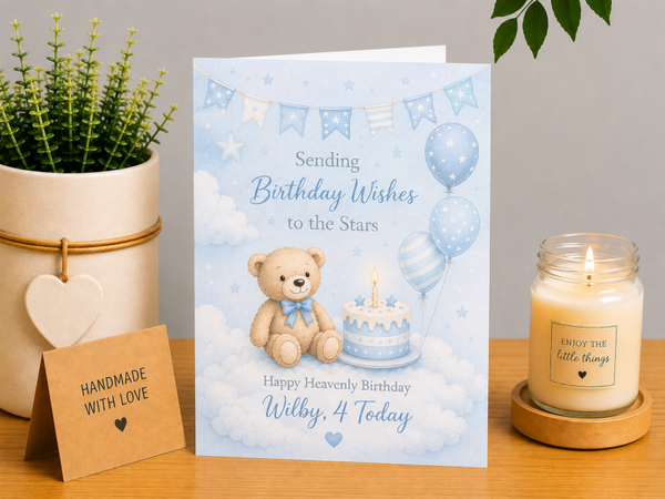 Personalised Heavenly Birthday Card – Blue Teddy and Cake