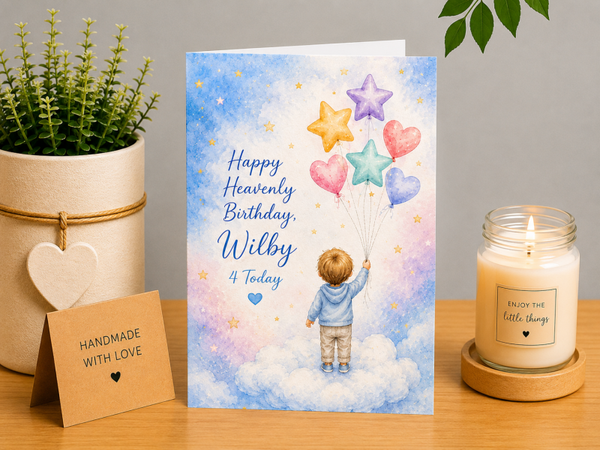 Personalised Heavenly Birthday Card – Star and Heart Balloons