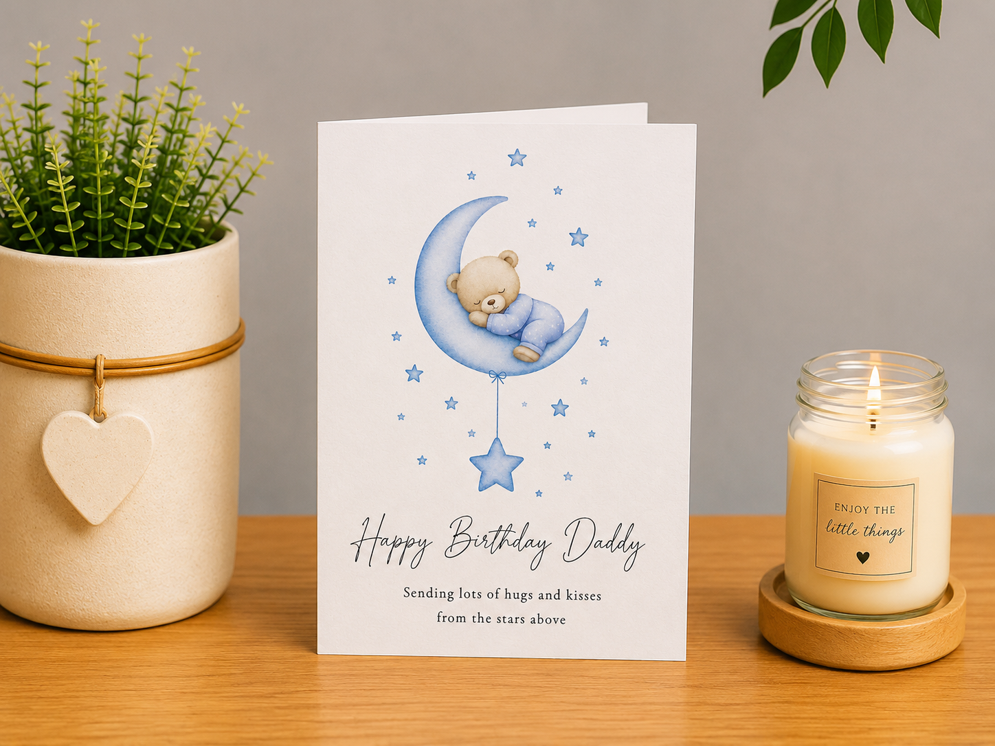 Heavenly Birthday Card for Daddy – Sleeping Teddy on Moon