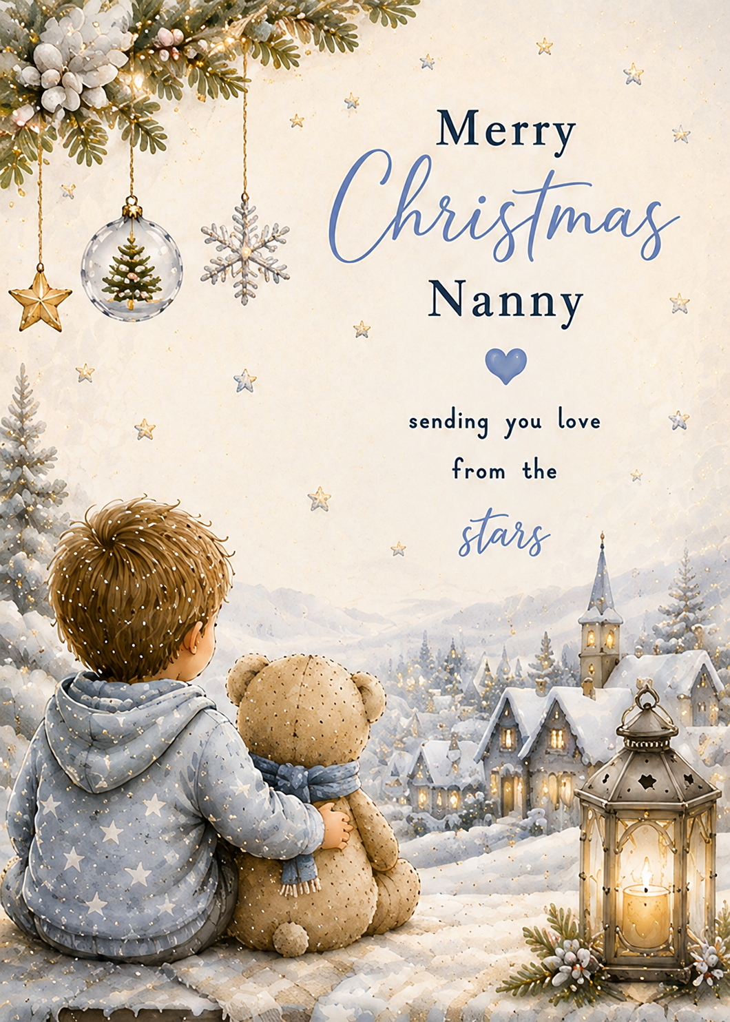 Merry Christmas Nanny – Boy & Teddy in a Snowy Village Card
