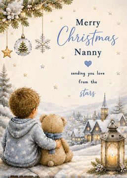 Merry Christmas Nanny – Boy & Teddy in a Snowy Village Card