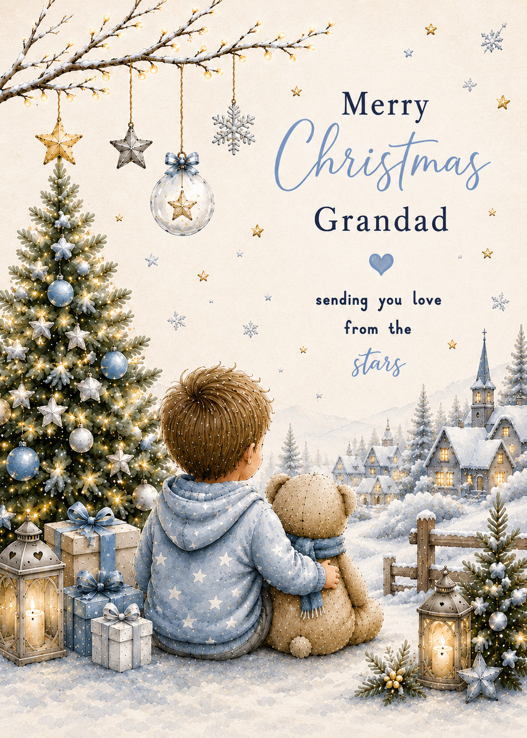 Merry Christmas Grandad Card – Child and Teddy by Tree