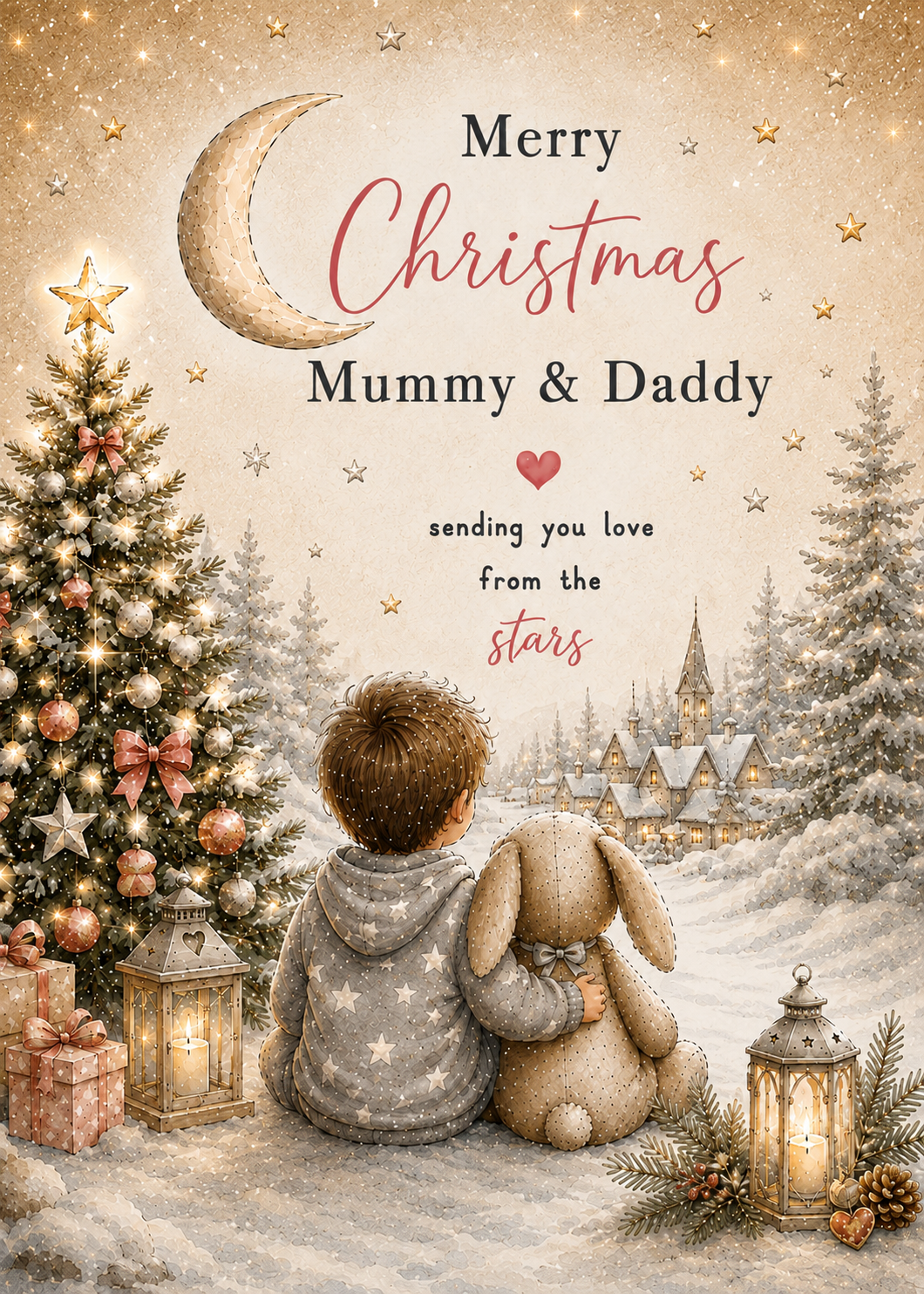 Merry Christmas Mummy & Daddy – Boy & Teddy in a Moonlit Snowy Forest Card