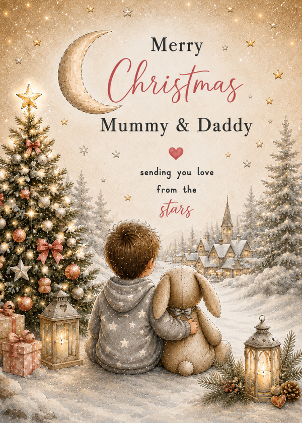 Merry Christmas Mummy & Daddy – Boy & Teddy in a Moonlit Snowy Forest Card