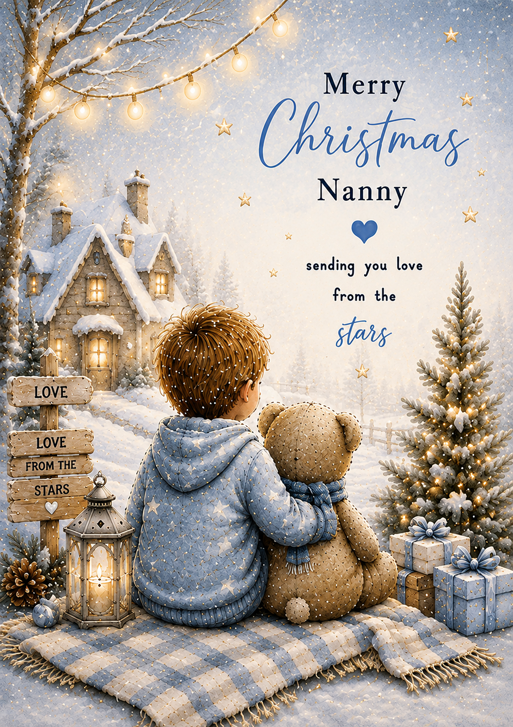 Merry Christmas Nanny – Boy & Teddy on a Winter Blanket Card