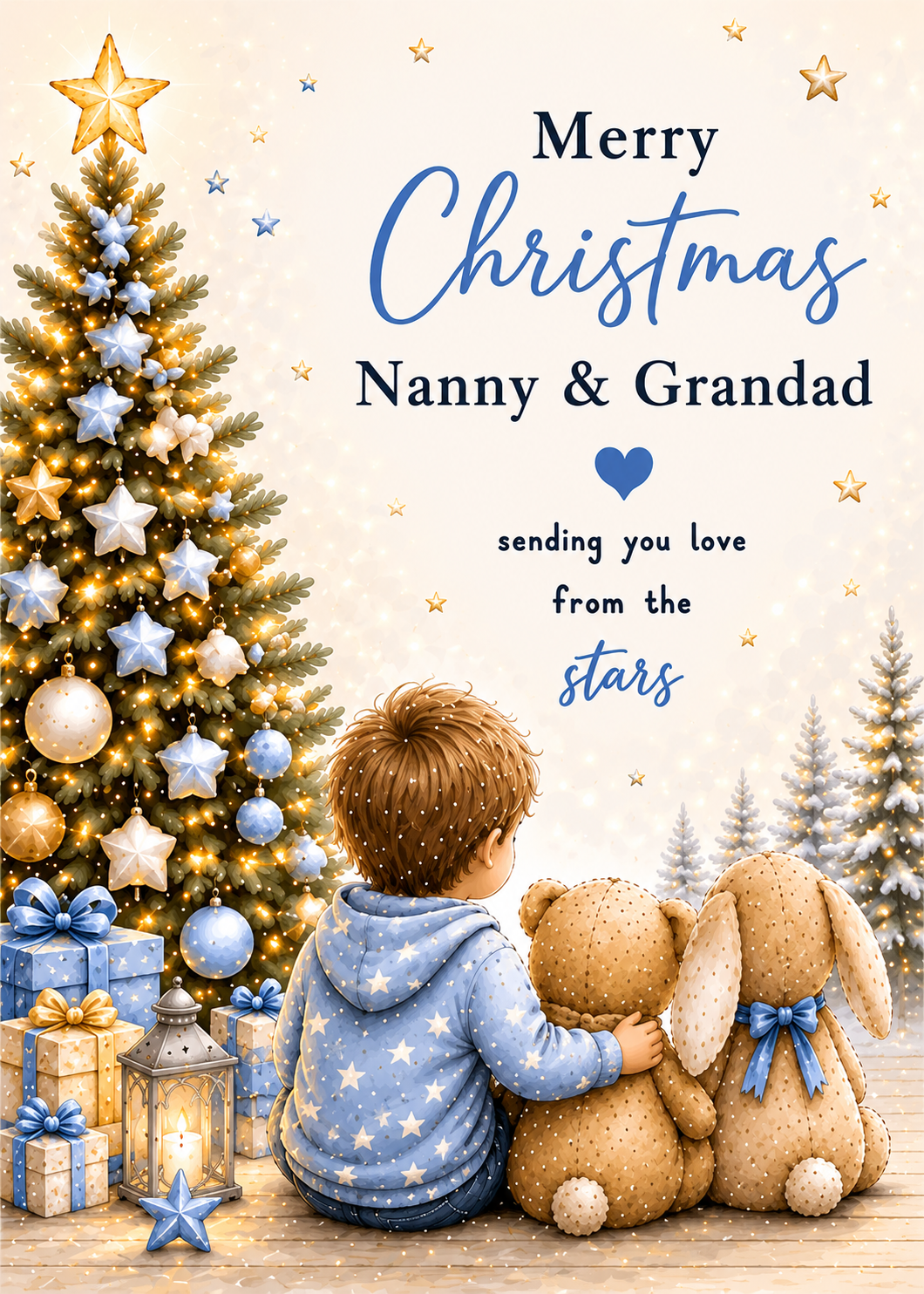Merry Christmas Nanny & Grandad – Boy, Teddy & Bunny Beside a Blue Christmas Tree Card
