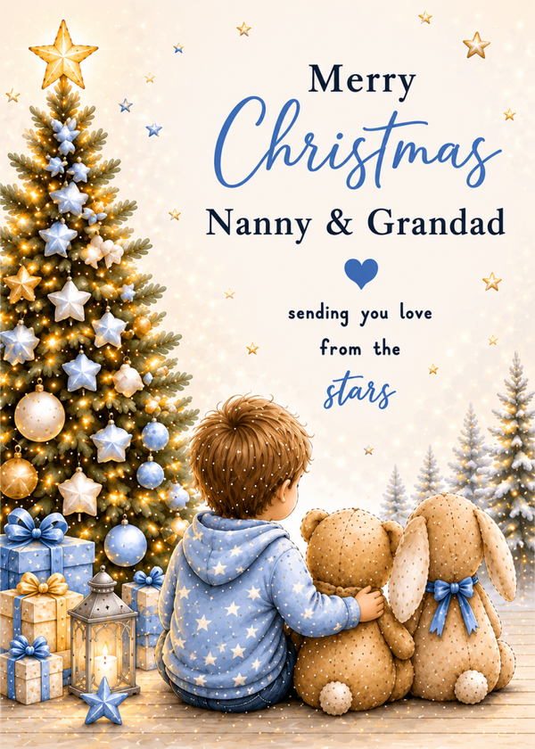 Merry Christmas Nanny & Grandad – Boy, Teddy & Bunny Beside a Blue Christmas Tree Card