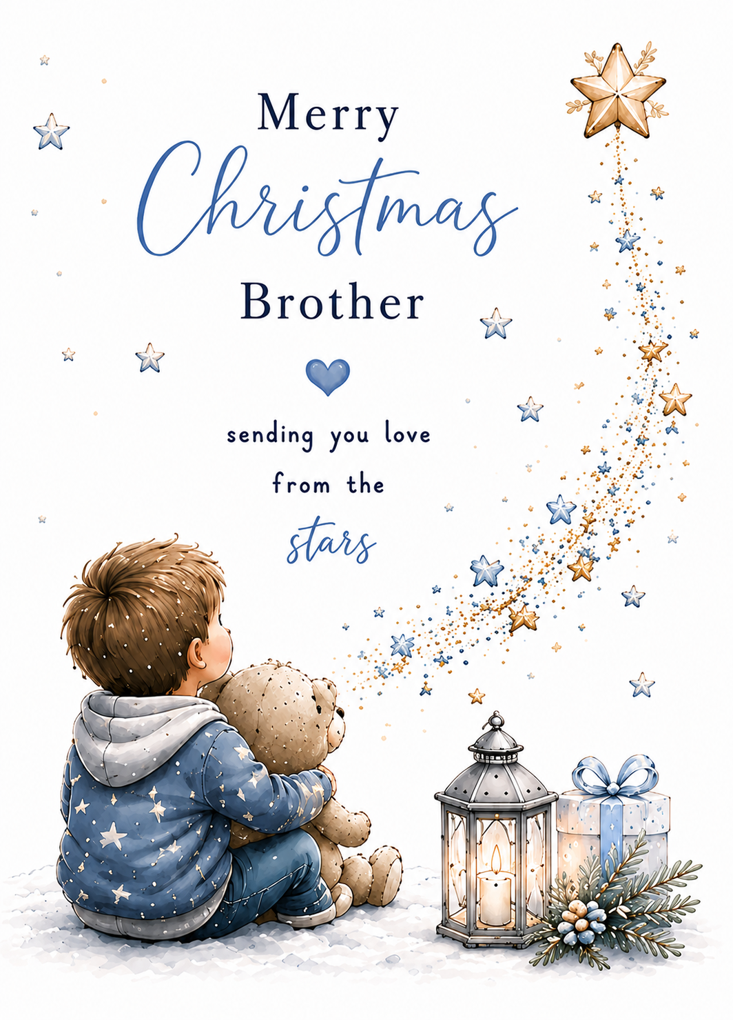 Merry Christmas Brother – Boy Hugging Teddy Beneath a Trail of Stars Card