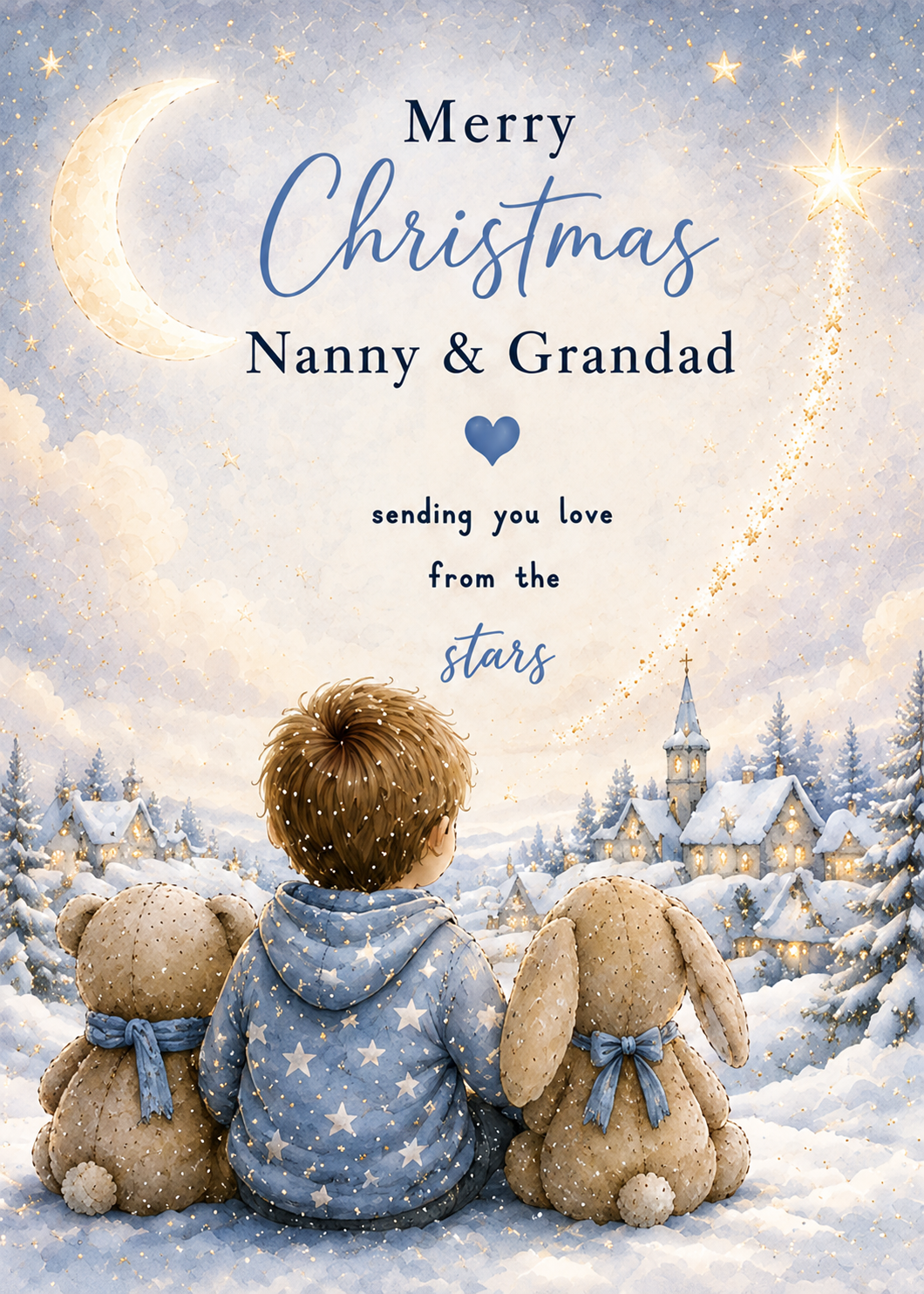Merry Christmas Nanny & Grandad – Boy, Teddy & Bunny Beneath the Moon Card