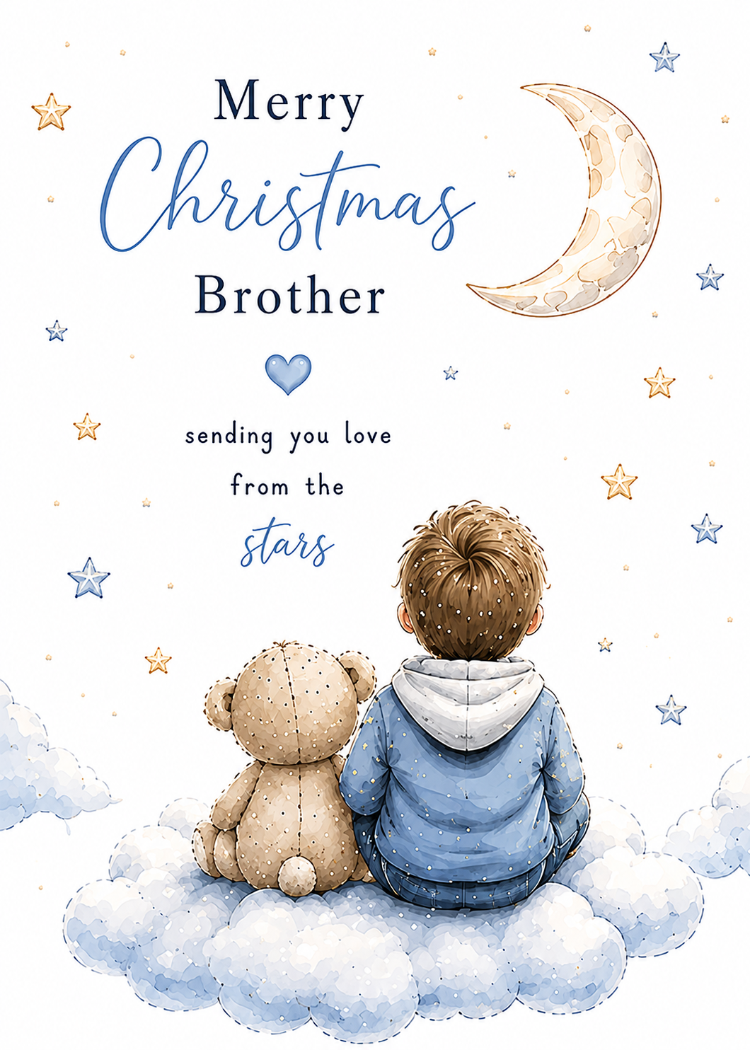 Merry Christmas Brother – Boy & Teddy on Blue Clouds Beneath the Moon Card