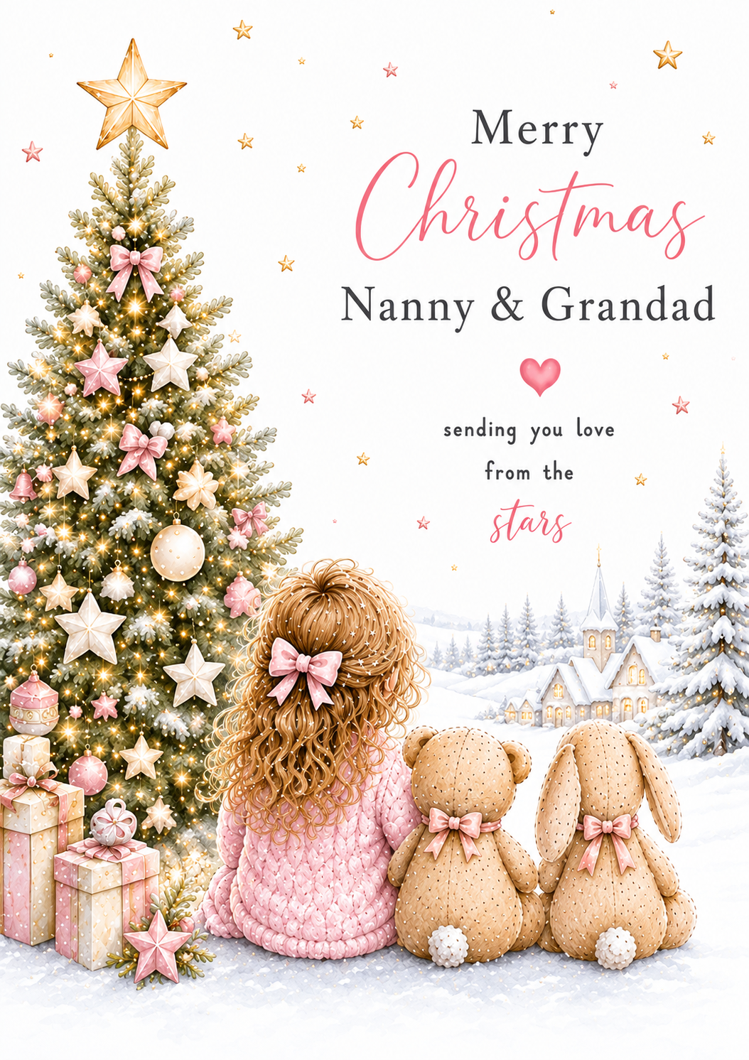 Merry Christmas Nanny & Grandad – Little Girl, Teddy & Bunny Beside a Pink Christmas Tree Card