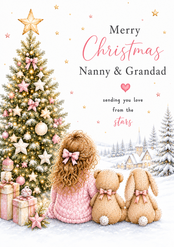 Merry Christmas Nanny & Grandad – Little Girl, Teddy & Bunny Beside a Pink Christmas Tree Card