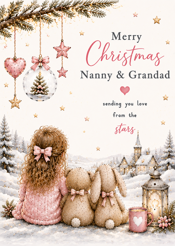 Merry Christmas Nanny & Grandad – Little Girl, Teddy & Bunny Beneath Hanging Decorations Card