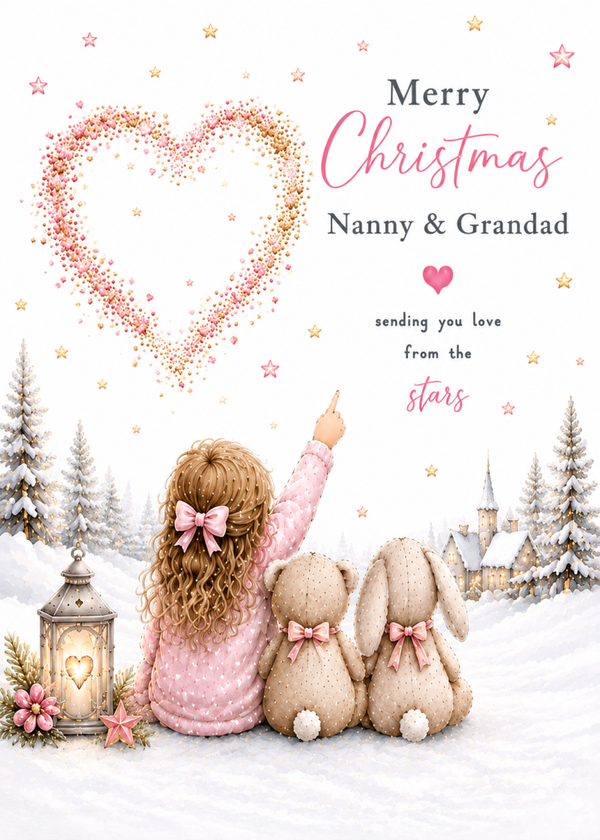 Merry Christmas Nanny & Grandad – Little Girl & Two Bunnies Beneath a Heart of Stars Card