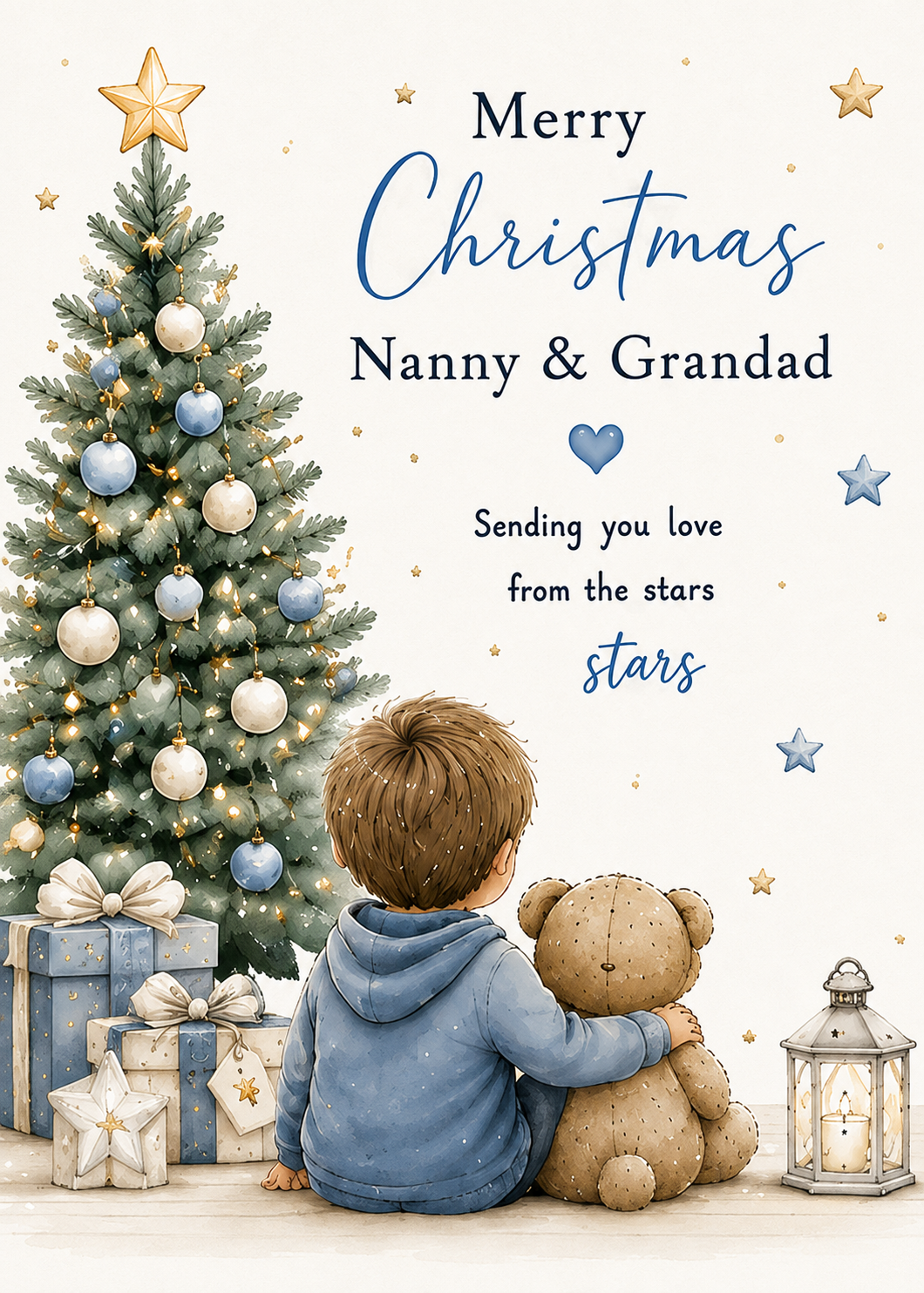Merry Christmas Nanny & Grandad – Boy & Teddy Beside the Christmas Tree Card