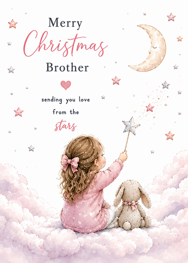 Merry Christmas Brother – Little Girl & Bunny Reaching for a Star Card