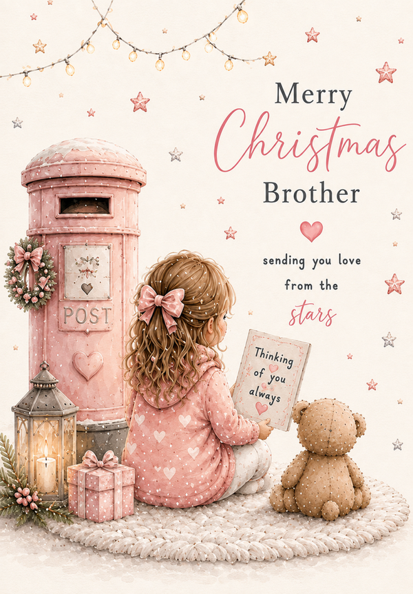 Merry Christmas Brother – Little Girl, Teddy & Pink Christmas Postbox Card