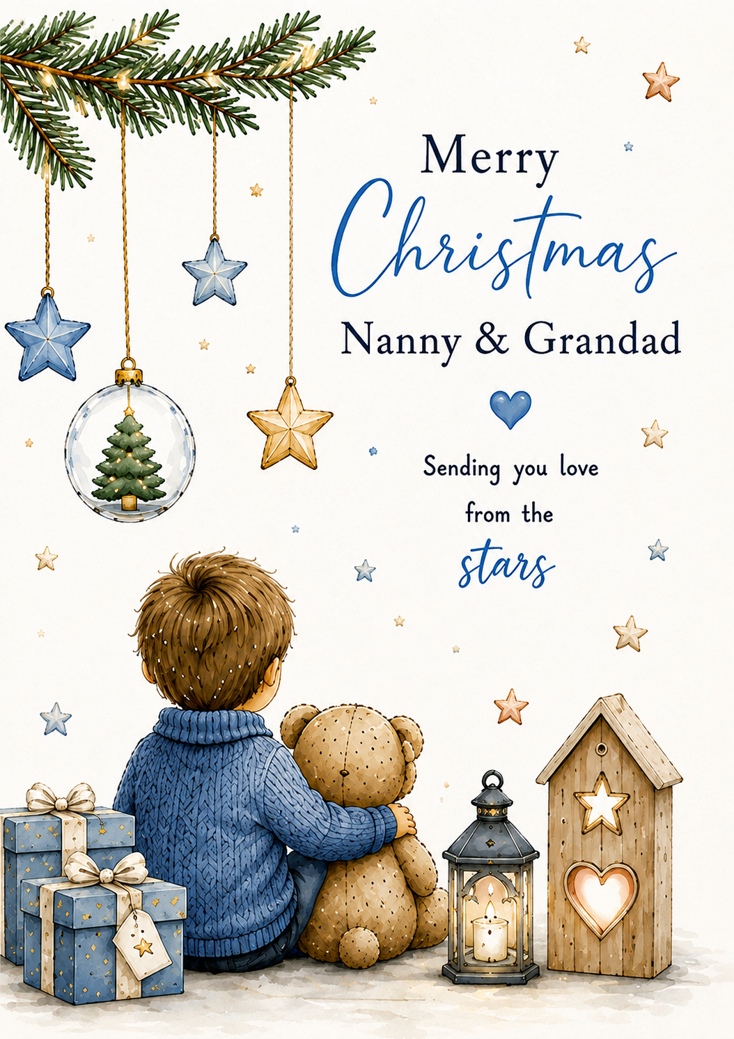 Merry Christmas Nanny & Grandad – Boy & Teddy Beneath Hanging Christmas Decorations Card