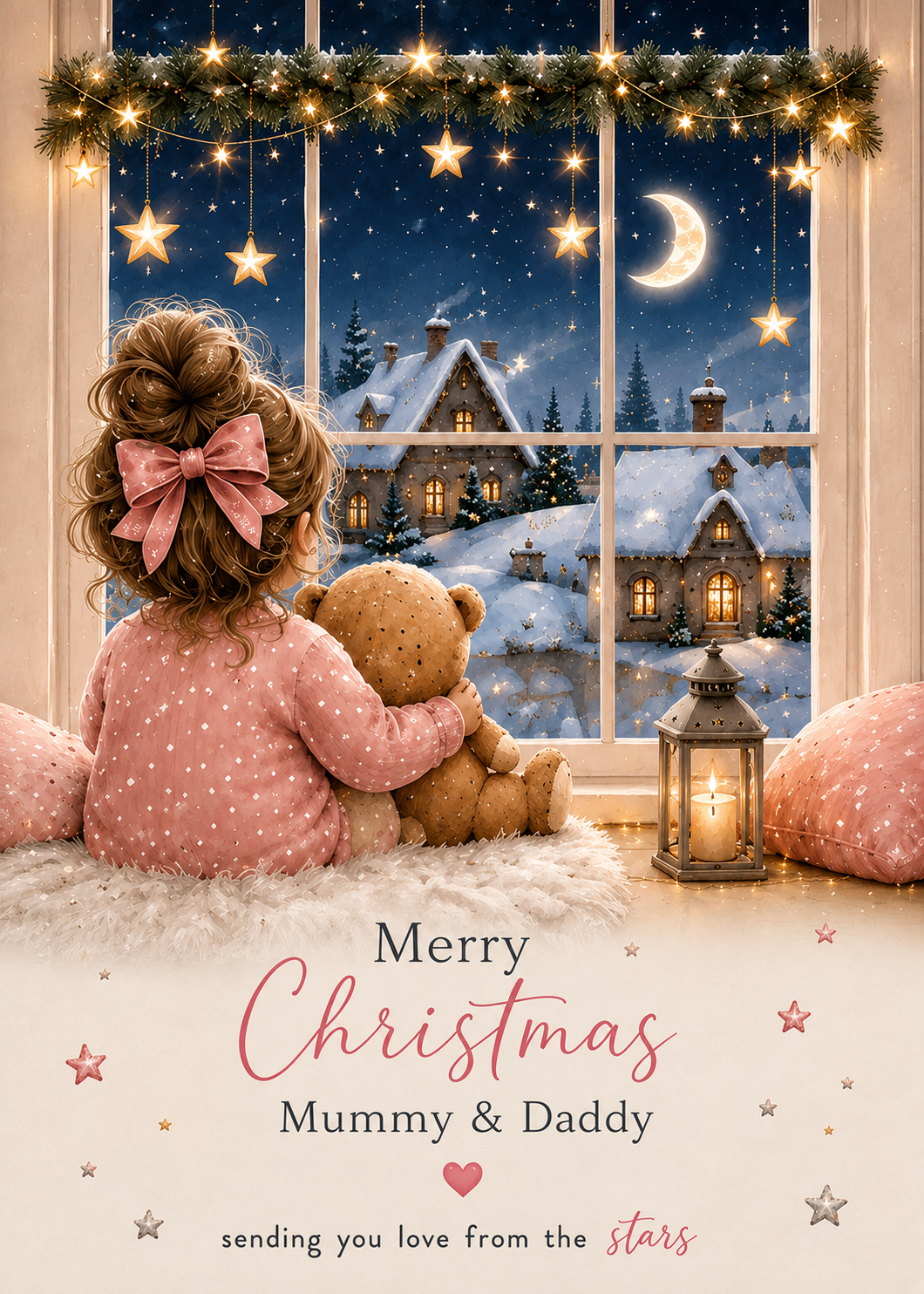 Merry Christmas Mummy & Daddy Card – Window and Teddy Scene