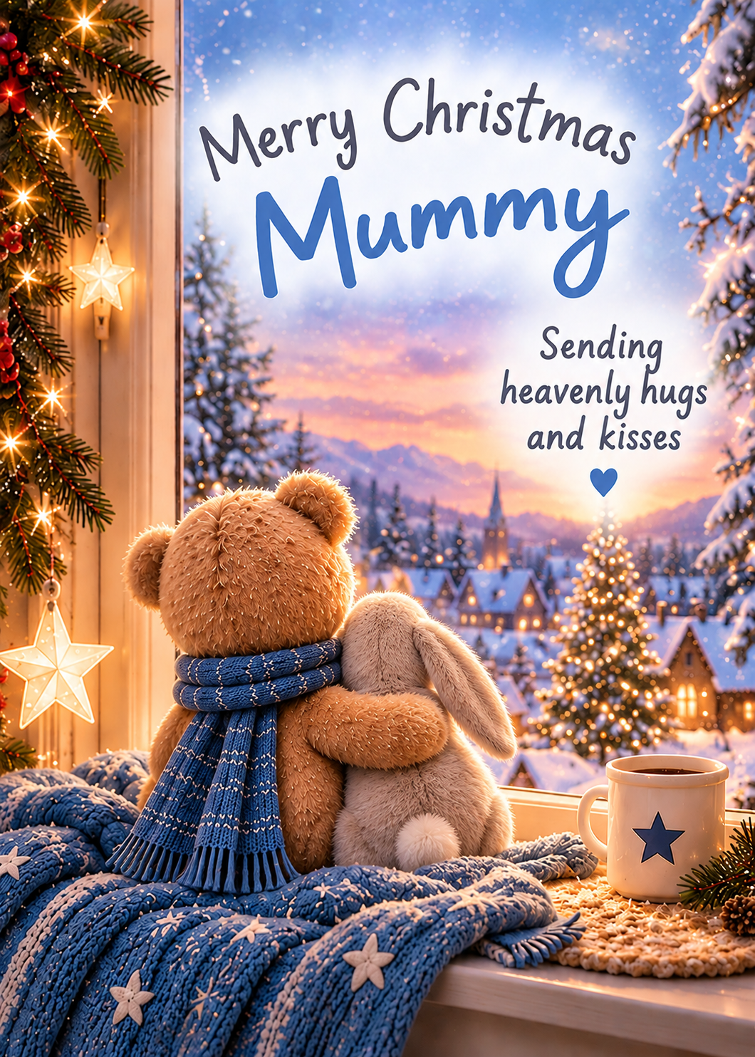 Merry Christmas Mummy Card – Teddy and Bunny at Window