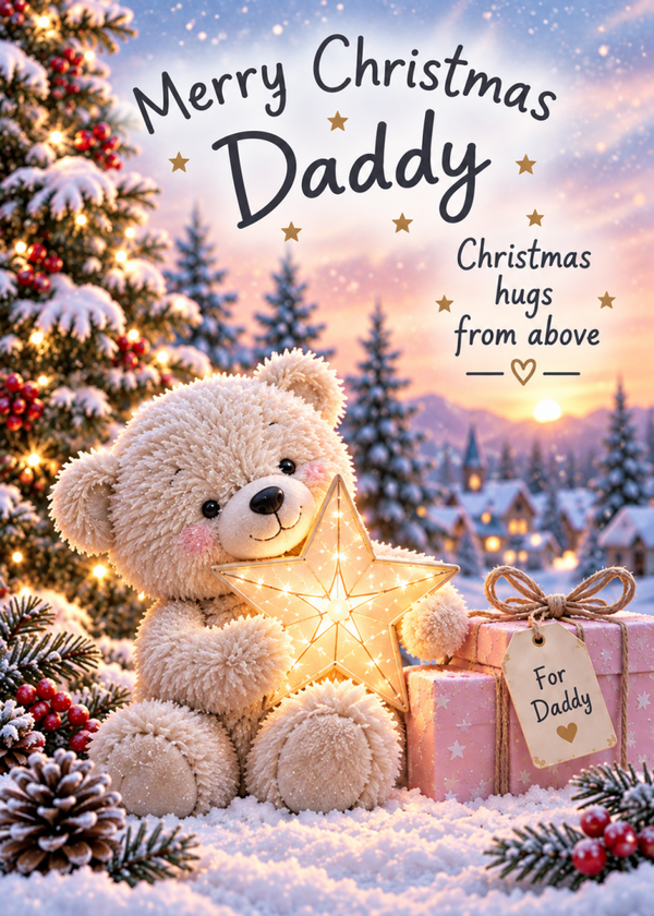 Merry Christmas Daddy Card – Teddy with Star from Above