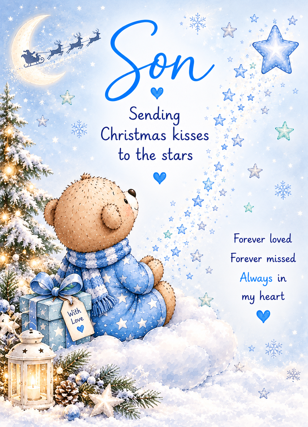 Christmas Kisses to the Stars Son Card – Teddy with Present