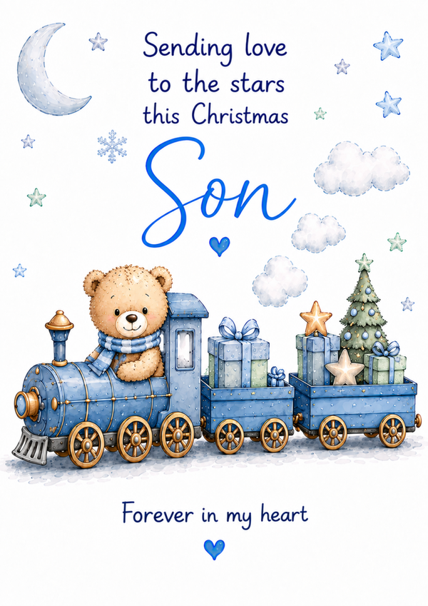 Christmas Card for Son in Heaven – Teddy on Blue Christmas Train