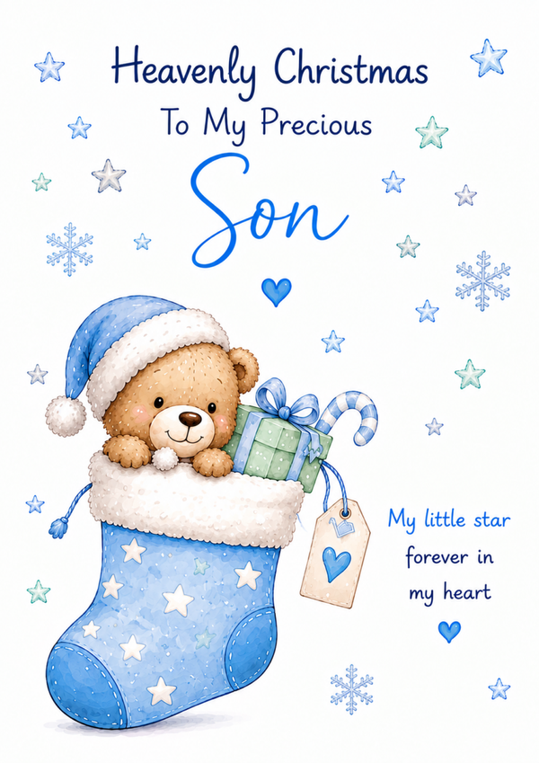 Christmas Card for Son in Heaven – Teddy in Stocking