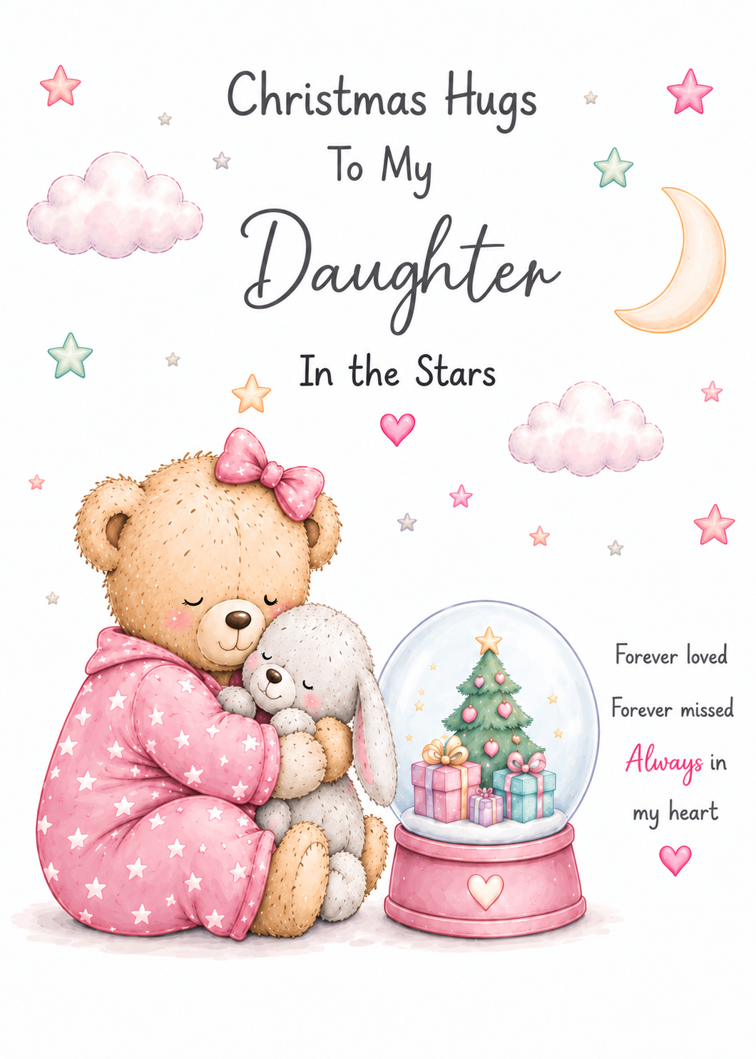 Christmas Card for Daughter in Heaven – Teddy, Elephant & Snow Globe