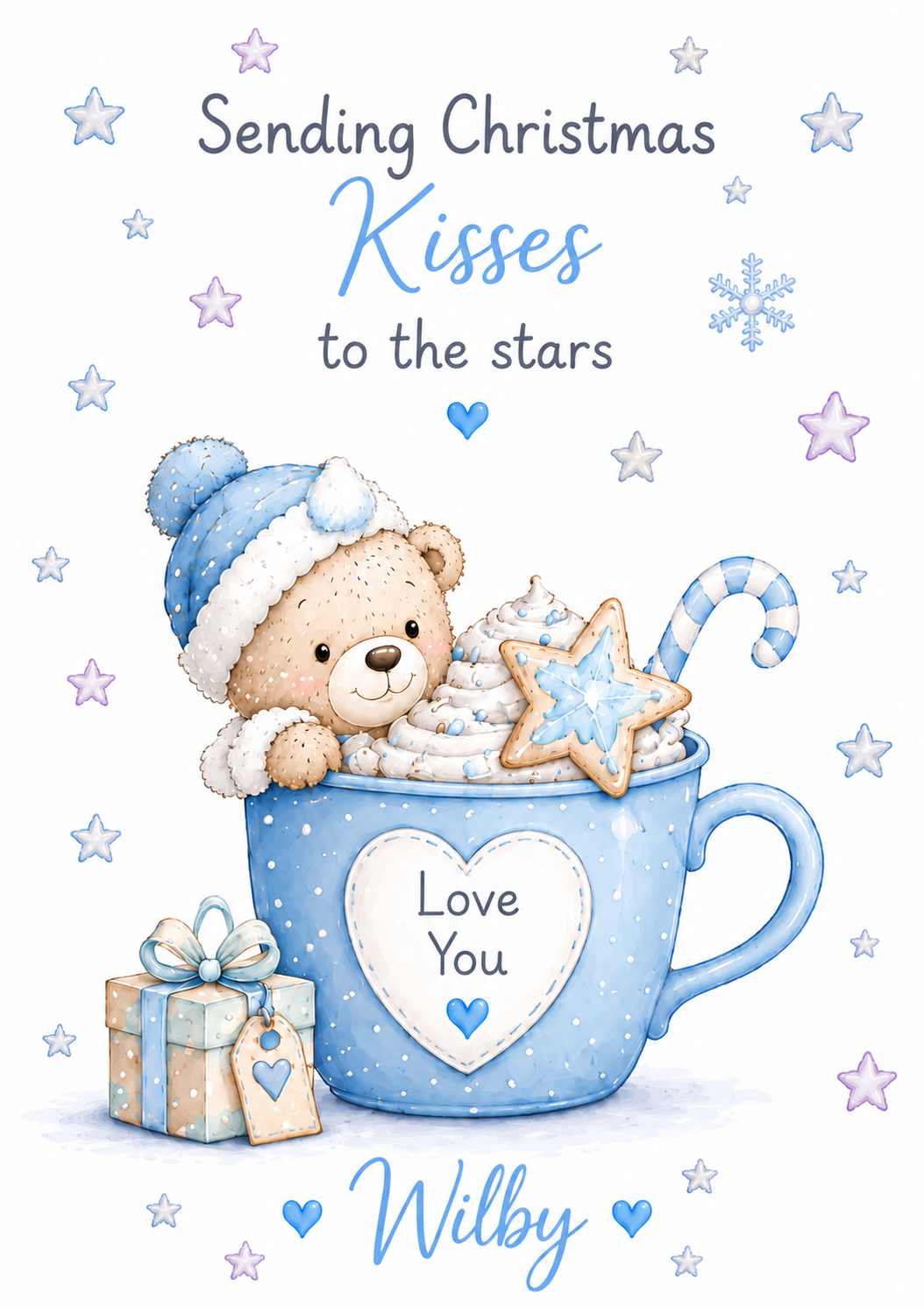Personalised Christmas Card for Son – Teddy in Hot Chocolate