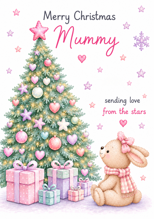 Merry Christmas Mummy Card – Bunny and Christmas Tree