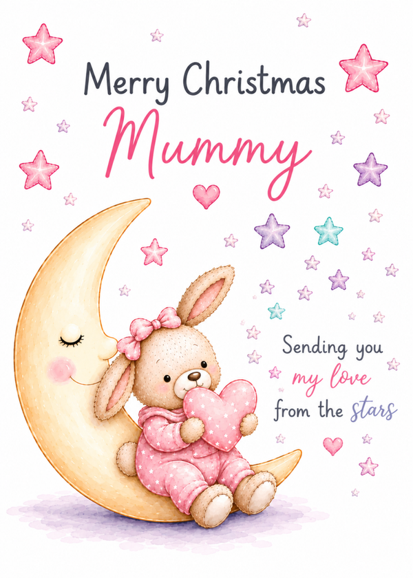 Merry Christmas Mummy Card – Bunny on Moon from the Stars