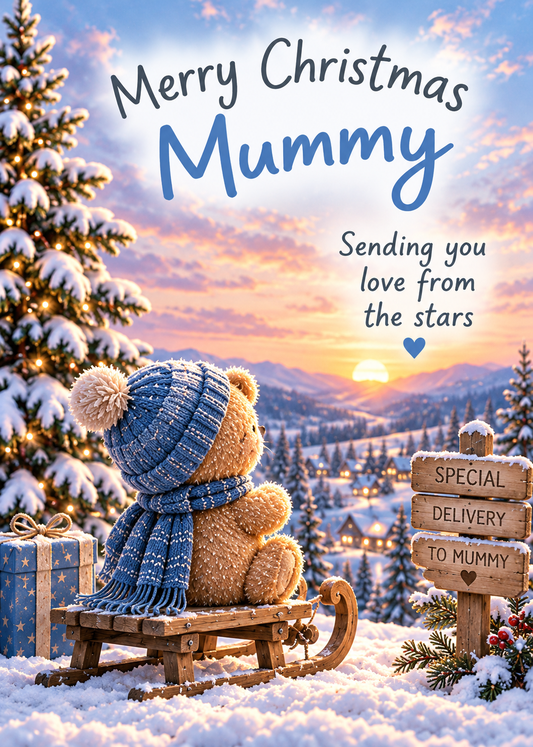 Merry Christmas Mummy Card – Teddy on Sledge from the Stars